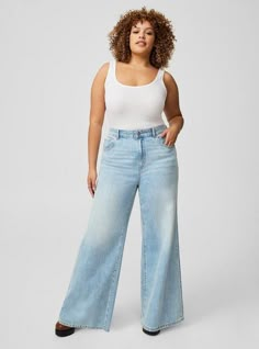 FIT High rise. Relaxed from hip to hem with wide leg with just the right amount of slouch. We recommend buying your true size for a slouchier fit. Size down for a closer fit. . Inseams: Short: 28. 5; Regular: 30. 5”; Tall: 32. 5”. MATERIALS + CARE Rigid+Stretch Denim: Best of both! Constructed with a rigid denim front and a stretchy denim back. Front of Jean Rigid Denim: Stretch-free for an authentic old-school look and feel. . Stretch Level: None. 100% cotton. Back & Waistband of Jean Vintage S Baggy Jeans Plus Size, Best Wide Leg Jeans, Plus Size Wide Leg Jeans, Wide Leg Jeans For Women, Wide Leg Baggy Jeans, Plus Size Wide Leg, New Street Style, Jean Vintage, Jeans Plus Size