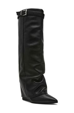 A buckled collar strap and foldover shaft lend bold elements to a knee-high leather boot balanced by a pointy toe and hidden wedge heel. 3" heel (size 8.5) 16 1/4" shaft; 15" regular calf circumference 16 1/4" shaft; 16" wide calf circumference Leather upper/synthetic lining and sole Imported Faux Leather Knee-high Boots With Pointed Toe For Work, Edgy Knee-high Boots For Formal Occasions, Edgy Formal Knee-high Boots, Edgy Leather Knee-high Boots With Wide Calf, Edgy Wide Calf Leather Knee-high Boots, Edgy Leather Knee-high Boots For Evening, Faux Leather Knee-high Boots For Work, Edgy Knee-high Heeled Boots For Work, Chic Pointed Toe Wedge Boots In Faux Leather