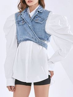 Blouse & Denim Vest Set – ZCRAVE Cropped Denim Top For Spring Workwear, Collared Denim Blouse For Fall, Cropped Denim Top For Workwear, Fitted Denim Blouse For Fall, Gold Evening Dresses, Vest Set, Cocktail Dress Prom, Blazer Set, Denim Blazer