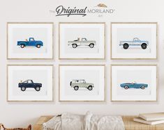 four framed pictures of trucks are hanging on the wall