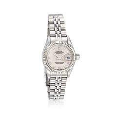 Pre-Owned Rolex Datejust Women's 26mm Automatic Stainless Steel, 18kt White Gold Watch. C. 2002. Experience the renowned luxury of a pre-owned Rolex with this Datejust women's watch. The timepiece features Swiss automatic movement, synthetic sapphire crystal, 26mm case, silver jubilee Arabic dial, 18kt white gold bezel, and stainless steel crown and jubilee bracelet that finishes with a foldover clasp. Water-resistant up to 100M. Pre-owned Rolex 18kt white gold and stainless steel watch. Ross-Si Rolex Silver Woman, Rolex Watches Women Silver, Watch Rolex Women, Rolex Jewelry, Rolex Datejust Women, White Gold Watch, Thigh Straps, Gold And Silver Watch, Rolex Watches Women