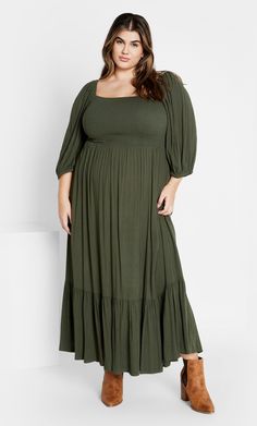 Refresh your wardrobe selection with the Kaylee Maxi Dress. Revealing a shirred bodice to enhance your graceful curves and a relaxed fit to skim over your silhouette, this style is sure to tick all the right boxes in the most functional and aesthetic way! Key Features Include: - Squared neckline - Shirred bodice - Elbow length sleeves with elastic cuff - Pull over style - Functional side pockets - Relaxed fit - Maxi hemline Team with combat boots and a faux leather jacket for a complete ensemble Denim Short Dresses, Midi Slip Dress, Maxi Slip Dress, Plus Size Maxi, Khaki Dress, Faux Leather Jacket, Overall Dress, City Chic, Chic Woman