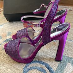 Stunning New In The Box $89 Nina New York Sexy Club Or Formal Platform Ankle Strap Glitter And Leather Sole Heels! 8.5. I Ship Within 24 Hours! Nina Shoes, Purple Leather, Leather Heels, Shoes Women Heels, Ankle Strap, Shoes Heels, Glitter, New York, Women Shoes