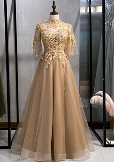 Gold A-line Evening Dress For Wedding, Gold A-line Evening Dress For Gala, Gold A-line Fitted Evening Dress, Gold A-line Evening Dress For Prom Season, Gold A-line Dress For Prom Season, Gold Fitted A-line Evening Dress, Gold A-line Wedding Dress, Elegant Gold Evening Dress With Gold Embroidery, Elegant Gold Embroidered Gown