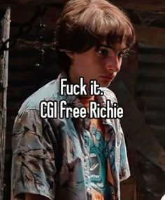 a young man wearing a shirt with the words, f k it cli free richie