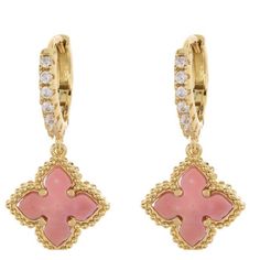 14k Gold Plated Pave Swarovski Crystals Mother-Of-Pearl Quatrefoil Drop Earrings. 0.8" L X 0.3" W Hinged Post Backs Free Gift With Every Purchase! Luxury Pink Pierced Earrings, Luxury Pink Dangle Earrings, Luxury Pink Jewelry With Matching Earrings, Star Cartilage Earring, Geometric Statement Earrings, Gold Bead Earrings, Huggie Earrings Gold, Blue Stud Earrings, Evil Eye Earrings