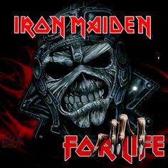 iron maiden's logo with the words, far life written in red and black