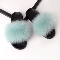 mint fox fur fluffy slides slippers for ladies with black rubber soles Fluffy Flat Faux Fur Slippers, Fluffy Faux Fur Flat Slippers, Fluffy Faux Fur Open Toe Slippers, Trendy Soft Flat Slippers, Trendy Winter Slippers With Faux Fur Lining, Fluffy House Shoes, Trending Footwear, Cute Slides, Outfit Boots