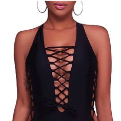 Brand New With Tags Holipick Women Sexy One Piece Swimsuits Plunge V Neck Bathing Suits Lace Up Monokini Strappy Cutout Swimwear Color Black Size S Summer Bodysuit With Hollow Out Design For Night Out, Summer Bodysuit With Hollow Out For Night Out, Summer Hollow Out Bodysuit For Night Out, Elegant Backless Cutout Swimwear, Black Cutout Backless Swimwear, Black Backless Cutout Swimwear, Elegant Cutout Backless Swimwear, Backless Tankini For Party, V-neck One Piece For Beach Season Party