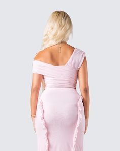 Omid Pink Asymmetrical Mesh Top Ruched One Shoulder Sleeveless Top For Night Out, One Shoulder Ruched Top For Night Out, Chic Ruched One Shoulder Top For Night Out, Flirty Off-shoulder Tops For Party, Stretch One-shoulder Crop Top For Party, Ruched One-shoulder Top For Night Out In Summer, Summer Ruched One Shoulder Top For Night Out, Off-shoulder Ruffle Top For Date Night, Summer One-shoulder Ruched Top For Night Out