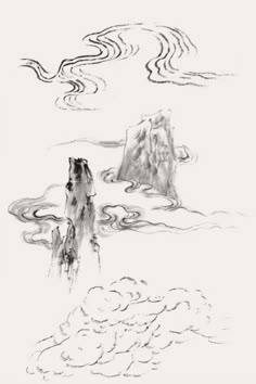 an ink drawing of two rocks in the ocean with clouds above them and one rock sticking out from the water