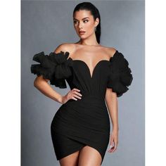 -Item Id 27797472.Html?Mallcode=1 -Color: Black -Style: Party, Sexy -Pattern Type: Plain -Details: Wrap, Ruched, Zipper -Neckline: Off The Shoulder -Sleeve Length: Short Sleeve -Type: Bodycon -Lined For Added Warmth: No -Sleeve Type: Puff Sleeve -Waist Line: High Waist -Hem Shaped: Asymmetrical, Pencil, Wrap -Length: Mini -Fit Type: Slim Fit -Fabric: Medium Stretch -Material: Knitted Fabric -Composition: 100% Polyamide -Care Instructions: Hand Wash,Do Not Dry Clean -Body: Lined -Sheer: No -Linin Off-shoulder Puff Sleeve Dress With Ruffles For Evening, Fitted Off-shoulder Puff Sleeve Dress With Ruffles, Chic Formal Puff Sleeve Dress With Ruffles, Fitted Puff Sleeve Dress With Ruffles For Evening, Elegant Puff Sleeve Party Dress With Ruffles, Elegant Puff Sleeve Dress With Ruffles For Party, Solid Evening Dress With Ruffle Hem, Fitted Short Sleeve Ruffle Dress For Evening, Short Sleeve Fitted Ruffle Dress For Evening