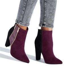 Perfect Booties For Fall A Block-Heeled Ankle Bootie With Decorative And Functional Zippers. Material: Faux-Suede Color: Multi-Colored (Wine And Black) Outside Heel Height: 4" Closure: Functional Zipper Burgundy Thigh High Boots, Cowgirl Ankle Boots, Heeled Lace Up Boots, Pink Booties, Chunky Heel Booties, White Ankle Boots, Platform Heels Boots, Black Suede Ankle Boots, Zipper Heels