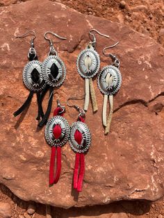 Leather Concho Fringe Earrings- 2.5" Concho 1" x 1 1/4" Concho Drop Earrings, Nickel-free Western Style Earrings, Nickel-free Adjustable Western Earrings, Adjustable Nickel-free Western Earrings, Elegant Concho Earrings For Gift, Concho Dangle Earrings For Gift, Silver Western Style Earrings, Adjustable Southwestern Teardrop Earrings, Southwestern Adjustable Teardrop Earrings