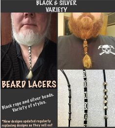 Beard Hair Lacers. Black With Silver Color Beads. Many Designs - Etsy Beard Accessories, Beard Jewelry, Stringing Beads, Goatee Beard, Beard Hair, Dreads Styles, Long Beards, Black Rope, Beard Grooming