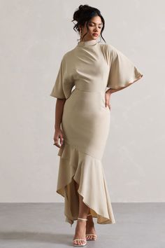 A flawless occasion piece, Lavinia has everything you need to stand out from the crowd. Crafted in an opulent champagne hue of our premium woven fabric, this maxi is defined by its high neckline and sweet flutter sleeves. Complete with an asymmetric hemline, style yours with some statement heels for your next event. Fe High Neck Long Sleeve Dress, Statement Heels, Church Fits, Club L London, Church Fashion, Black Tie Gala, Fall 24, Bridesmaid Outfit, Black Velvet Dress