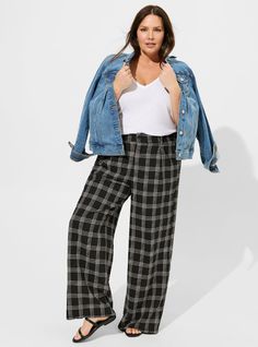 Wide Leg Stretch Crepe High-Rise PantPlus Size Wide Leg Stretch Crepe High-Rise Pant, BUTTONED UP PLAID DEEP BLACK/CHATEAU ROSE Polyester Pants, Leg Stretching, Great Lengths, Stretch Crepe, High Rise Pants, Deep Black, Cinched Waist, Work Pants, Woven Fabric