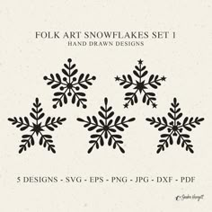 four snowflakes are shown in black and white, with the text folk art snowflakes set 1 hand drawn designs