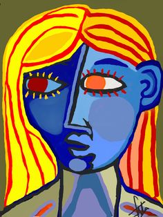 a painting of a woman with blue and yellow hair, red eyeliners on her face