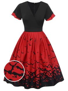 Shop Vintage Halloween Clothes Online | Retro Stage Retro Halloween Costume Dress, Retro Red Dress For Costume Party, Vintage Red Halloween Dresses, Vintage Red Dresses For Halloween, Red Gothic Dress For Fall, Vampire Style Red Dress For Halloween, Red Vampire Dress For Halloween, Short Sleeve Halloween Party Dress, Red Evening Dress For Halloween