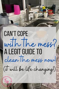 a kitchen with the words can't cope with the mess? a leg guide to clean the mess now