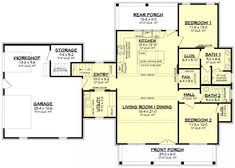 the first floor plan for a home with two master suites and an open living area