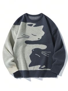 Men's Cat Printed Round Neck Sweater , Drop Shoulder Baggy Crew Long Sleeve Pullover , Graphic Color Block Dark Grey Going Out Academia Friends Multicolor Casual  Long Sleeve Fabric Cartoon Pullovers Slight Stretch  Men Clothing, size features are:Bust: ,Length: ,Sleeve Length: Cute Sweaters Men, Cozy Clothes Men, Baggy Sweater, Cool Sweater, Sweaters Men, Baggy Sweaters, Oversized Clothes, Mens Sweaters, Plus Size Pullover