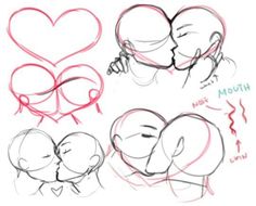 a drawing of two people kissing each other with hearts drawn on the back of their heads