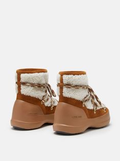 cognac brown/off-white suede panelling shearling trim embossed logo to the side front lace-up fastening round toe chunky rubber sole Waterproof Winter Boots Women, Boots Moon, Mule Sneakers, Moon Boot, White Moon, Shearling Boots, Italian Shoes, Low Boots, Shoe Company