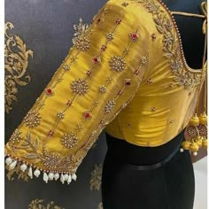 Custom Fit Golden Yellow Pure Raw Silk Blouse With Zardosi - Etsy India Blouse Work Designs Pattu Bridal, Simple Wedding Blouse Designs, Yellow Blouse Designs, Maggam Blouse, Raw Silk Blouse, Zardosi Embroidery, Sari Design, Wedding Saree Blouse Designs, Cutwork Blouse Designs