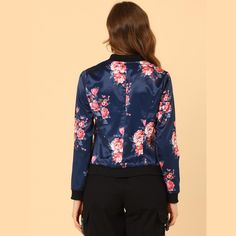 This bomber jacket is designed with floral prints in bright colors and long sleeves. It is detailed with a zip fastening front and ribbed at the cuffs and hem. Wear yours over an all-black outfit to keep it in the spotlight. Made of 100% Polyester. Features zip fastening through front and ribbed trims and cuffs. Machine wash inside out. The body size chart shows fitting size, please check your measurements to make sure the item fits before ordering. Lightweight Shorts, Woman Standing, All Black Outfit, Chic Woman, Short Jacket, Womens Clothing Sizes, Body Size, Black Outfit, Stand Collar