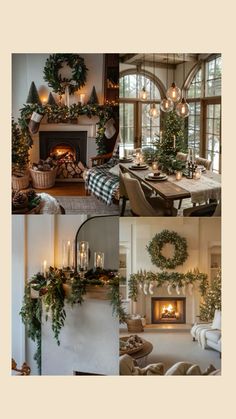 christmas decorations are arranged around the fireplace in this living room, dining area and kitchen