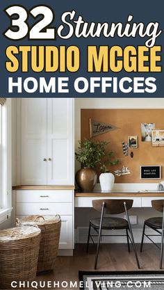 an office with two chairs and a desk in front of the words 32 stunning studio mgee home offices