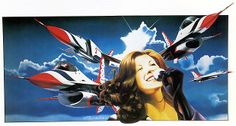 a painting of a woman singing into a microphone surrounded by fighter jets in the sky