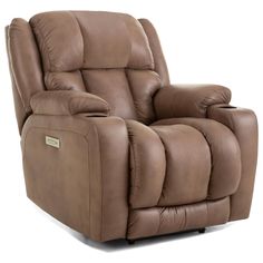 the reclining chair is shown in brown leather