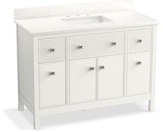 a white bathroom vanity with drawers and a sink on it's side, in front of a white background