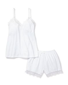 Women's Pima Cami Short Set with Lace in White Cotton Sleep Sets With Lace Trim, Cotton Matching Set Pajama Shorts For Loungewear, Feminine Cotton Sleepwear Set, Feminine Cotton Loungewear Sets, Summer Cotton Short Set For Sleep, Feminine White Pajama Shorts For Loungewear, Cotton Loungewear Sets With Lace Trim, Cotton Short Set For Summer Sleepwear, White Matching Set Tops For Loungewear