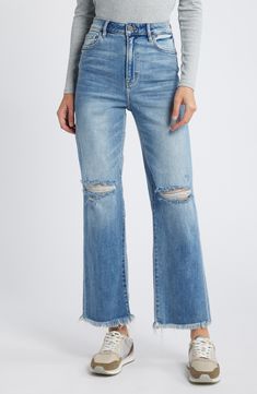 Add a '90s vibe to your denim mix with this roomy pair of stretch-denim jeans styled with a relaxed fit, ripped knees and raw hems for the ultimate throwback look. 28" inseam; 11" front rise Zip fly with button closure Five-pocket style 93% cotton, 5% polyester, 2% spandex Machine wash, tumble dry Imported Ripped Cutoff Flare Jeans In Medium Wash, Medium Wash Ripped Cutoff Flare Jeans, Ripped Cutoff Medium Wash Flare Jeans, Distressed Cutoff Flare Jeans, Distressed Denim Cutoff Flare Jeans, Distressed Denim Flare Jeans With Cutoff, Medium Wash Ripped Flare Jeans In Rigid Denim, Ripped Flare Jeans In Medium Wash Denim, Mid-rise Distressed Flare Jeans In Rigid Denim