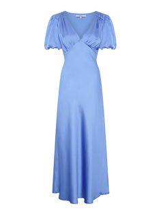 In rich ice blue, Rosie is as effortless as she is elegant. Short balloon sleeves playfully draped in our signature recycled satin add a twist of texture to this classic neckline. Maxi in length and bra-friendly, she’s the perfect bridesmaid, wedding guest or date night dress. Rosie is the dress that does it all. Light Blue Maxi Dress With Sleeves, Light Blue Dress For Wedding Guest, Satin Dress Sleeves, Light Blue Graduation Dress, Modest Blue Dress, Wedding Guest Dress With Sleeves, Light Blue Long Dress, Short Sleeve Bridesmaid Dress, Light Blue Bridesmaid Dresses