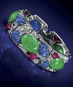 Gorgeous Jade Tutti Frutti Bracelet With Royal Blue Sapphire Ruby & White Zircon Magnificent Jewels, Arabic Jewelry, Art Deco Jewellery, King Edward, Cartier Jewelry, Tutti Frutti, Jade Jewelry, Art Deco Diamond, Bangles Bracelets