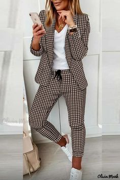 Olivia Mark - Exquisite Two-Piece Set in Black Khaki with a Stylish Print Patchwork, Turndown Collar, and Long Sleeves Formal Suits For Women, Straight Clothes, Blazer Outfit, Traje Casual, Two Piece Pants Set, Blazer Set, Printed Blazer, Turndown Collar, Long Sleeve Blazers