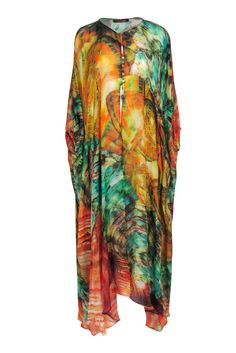 Current Boutique-Roberto Cavalli - Orange & Multi Color Print Silk Coverup Dress Sz 6 Bohemian Silk Multicolor Print Dress, Bohemian Silk Dress With Multicolor Print, Bohemian Multicolor Print Silk Dress, Multicolor Print Summer Beachwear Dress, Multicolor Print Beachwear Dress For Summer, Multicolor Print Summer Beach Dresses, Multicolor Print Dresses For Vacation, Multicolor Print Vacation Dresses, Vibrant Green Dress For Vacation