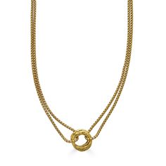 A modern and minimalist necklace defined by its casual elegance, this matte gold chain necklace will elevate any day-to-day look. Featuring two hammered circle pendants and doubled chain for just the right touch of interest and detail. Truly perfect all by itself or layered with other lengths and textures to create your statement look. Length: 17-19” The chain is 14K gold plated over brass with a matte finish All metals are Lead, Nickel, and Cadmium free Dreamed, designed, and handcrafted in our Formal Double Chain Gold-plated Necklace, Elegant Brass Double Chain Necklace, Luxury Round Brass Necklace, Chic Gold-plated Double Chain Layered Necklace, Formal Brass Chain Necklace, Round Shape, Double Circle Necklace, Jewelry Post, Gold Bar Necklace, Bar Pendant