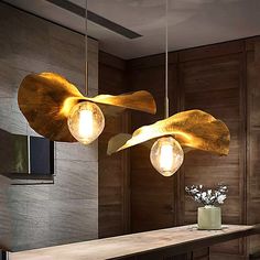 two lights hanging from the ceiling above a counter in a room with wooden paneling