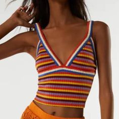 Multicolor Striped Crocheted Top V-Neck Crop Top With Spaghetti Straps. Contrasting Crocheted Appliqu. 95% Polyester 5% Elastane Crochet Applique, Neck Crop Top, Zara Tops, Blue Orange, Trendy Outfits, Crochet Top, Spaghetti Strap, Spaghetti, Crop Top