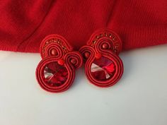 Red Soutache Embroidered Large Stud Earrings Red Earring - Etsy Spain Chic Handmade Clip-on Earrings For Gift, Elegant Handmade Earrings For Valentine's Day, Elegant Handmade Red Earrings, Handmade Red Clip-on Earrings For Party, Elegant Red Clip-on Earrings For Party, Elegant Red Handmade Clip-on Earrings, Chic Handmade Clip-on Earrings As A Gift, Handmade Red Evening Earrings, Large Stud Earrings