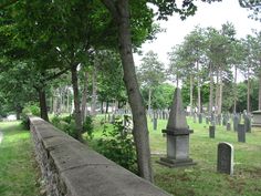 an old cemetery with many headstones and trees