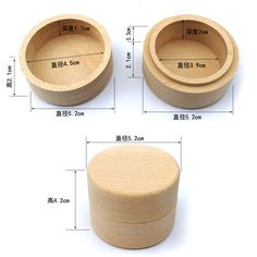 three wooden bowls are shown with measurements