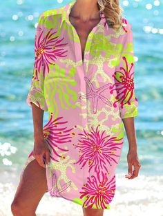 Women's Tropical Floral Print Beach Shirt Dress – Wonder closets Summer Long Sleeve Printed Beach Dress, Multicolor Beach Dress For Spring Holiday, Long Sleeve Printed Beach Dress For Summer, Printed Long Sleeve Beach Dress For Summer, Long-sleeved Floral Beach Dress, Long Sleeve Floral Beach Dress, Long Sleeve Vacation Dresses, Multicolor Long Sleeve Vacation Dresses, Printed Long Sleeve Beach Dresses