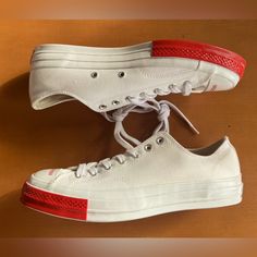 These Are An Awesome Minimal Piece From Jun Takahashi; The Pop Of Red And The “Order” And “Disorder” On The Toe Box Of The Shoe Lends To Its Clean And Minimal Aesthetic. 9 Out Of 10, No Box Undercover Jun Takahashi, Chuck 70 Low, Clean And Minimal, Jun Takahashi, Pop Of Red, Shoes Converse, Converse White, Minimal Aesthetic, Chuck 70